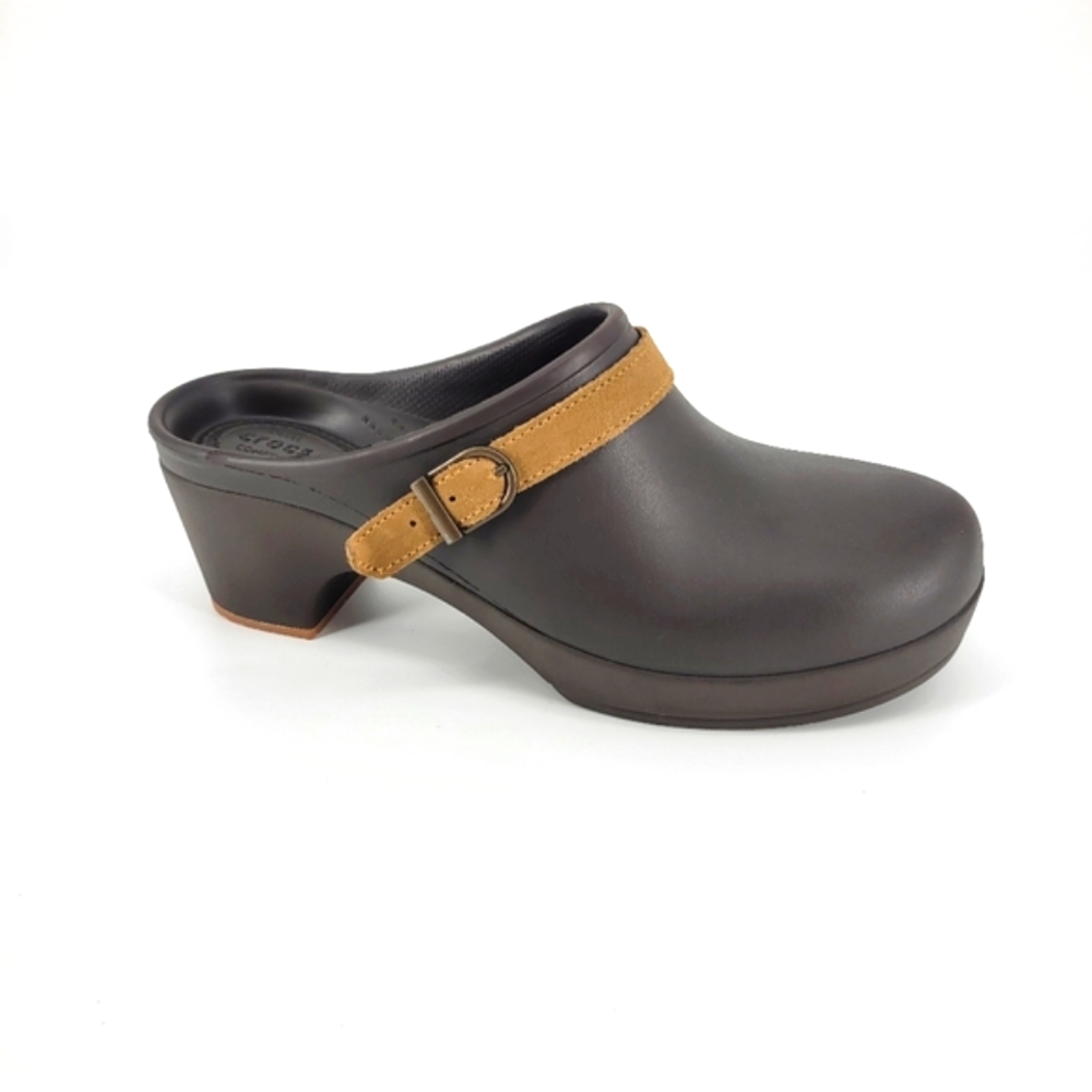 Crocs women's Sarah clogs rubber slip-on heeled shoe brown tan buckle 10